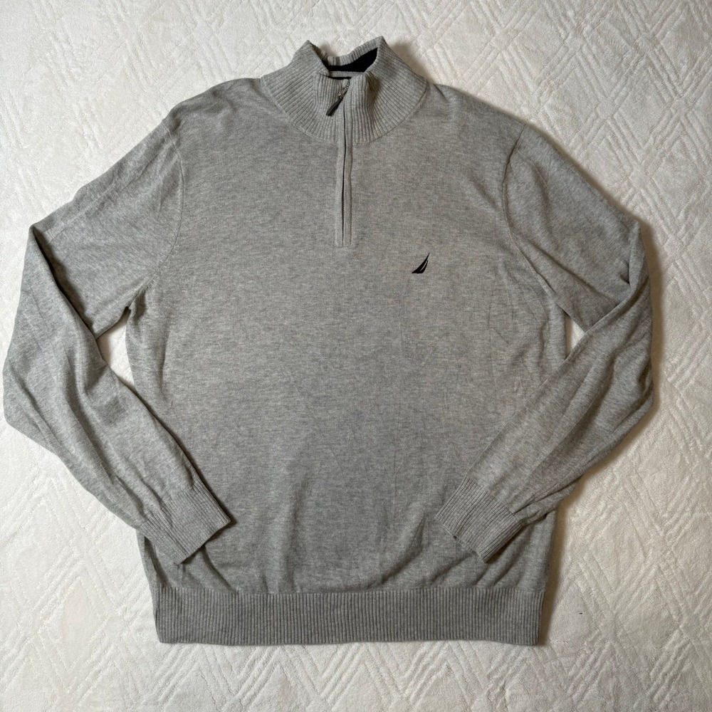 Classic Preppy Nautica Gray 100% Cotton Quarter Zip Sweater Men's XL